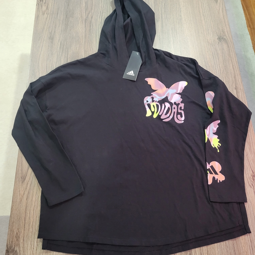 Adidas Kids Black Long Sleeve Tshirt Hoodie with Colorful Butterfly Design